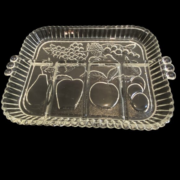 VINTAGE INDIANA GLASS -- Fruit & Relish Tray, 5 Sections, Fruit Design, Heirloom - Picture 2 of 10